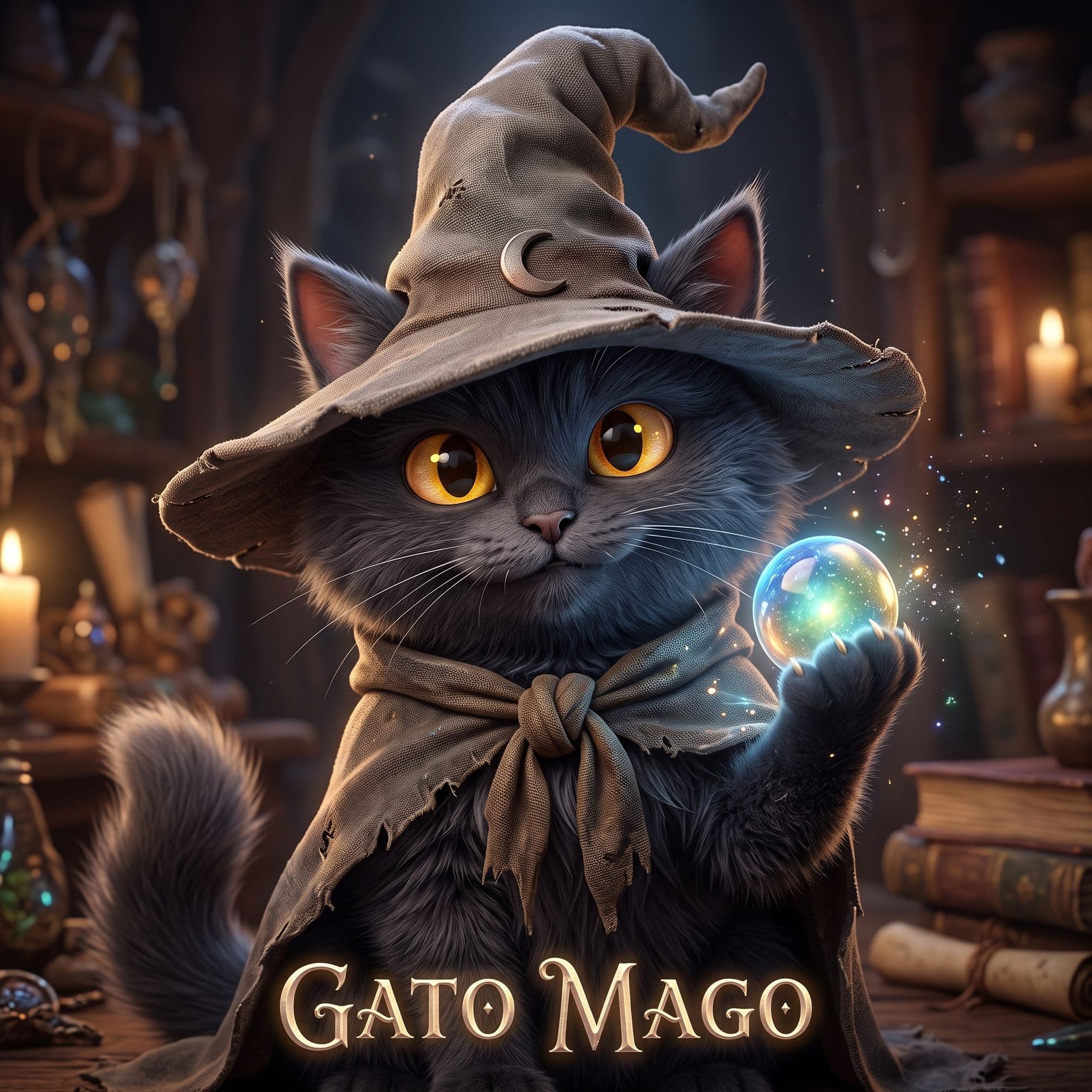 Gato Mago, a grey cat in a patched wizard hat, holding a glowing crystal orb in a candlelit library